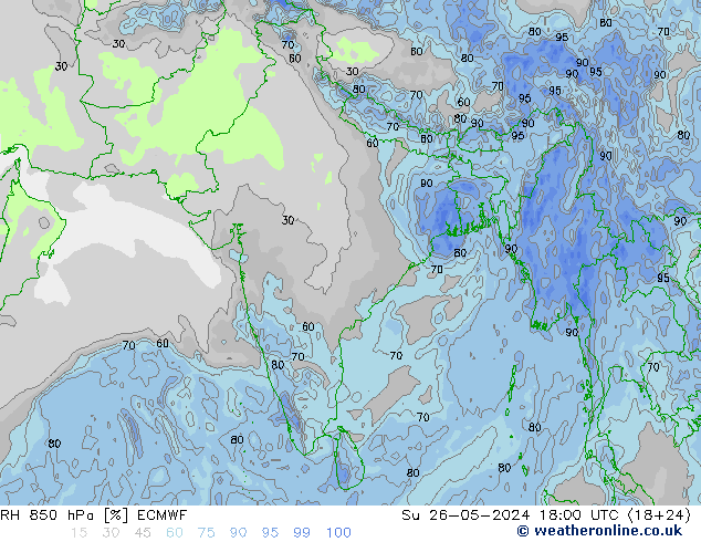 RH 850 гПа ECMWF Вс 26.05.2024 18 UTC