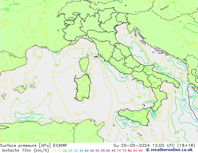 Isotachs (kph) ECMWF Su 26.05.2024 12 UTC