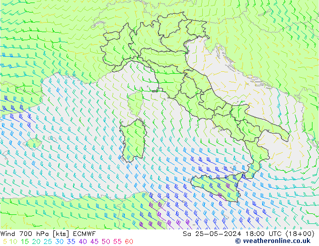 wiatr 700 hPa ECMWF so. 25.05.2024 18 UTC