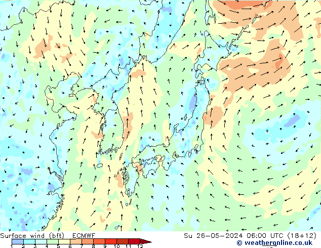 Surface wind (bft) ECMWF Su 26.05.2024 06 UTC