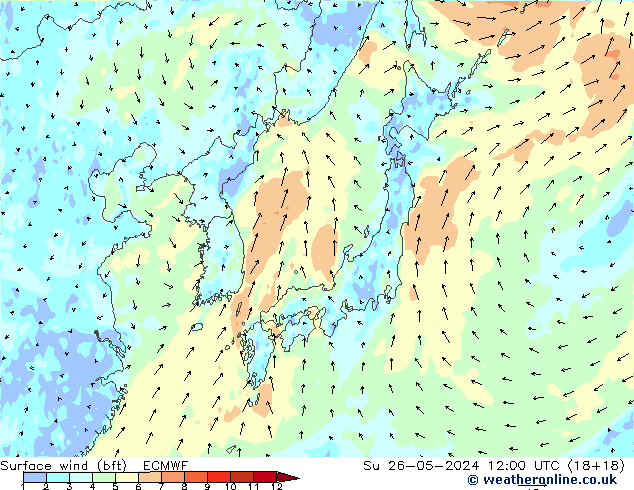 wiatr 10 m (bft) ECMWF nie. 26.05.2024 12 UTC