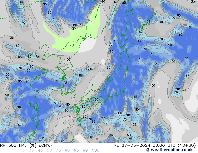 Humidité rel. 300 hPa ECMWF lun 27.05.2024 00 UTC