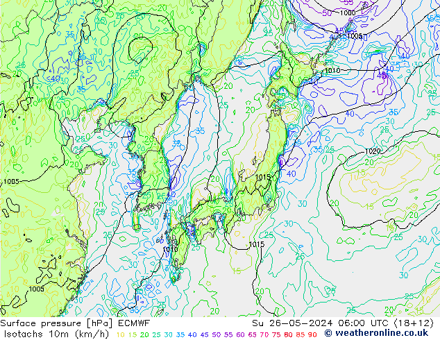 Isotachs (kph) ECMWF Su 26.05.2024 06 UTC