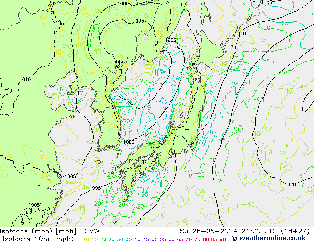 Eşrüzgar Hızları mph ECMWF Paz 26.05.2024 21 UTC