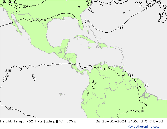 Geop./Temp. 700 hPa ECMWF sáb 25.05.2024 21 UTC