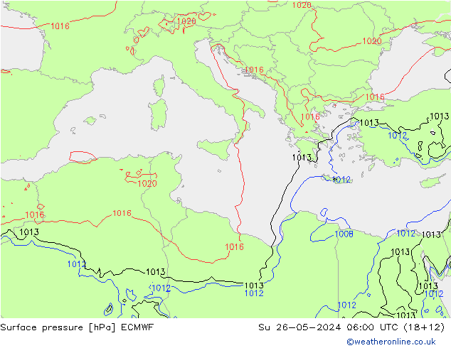 Pressione al suolo ECMWF dom 26.05.2024 06 UTC