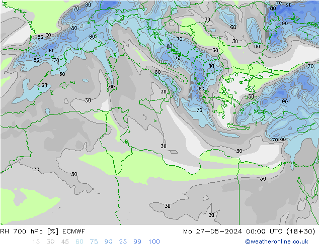 RH 700 гПа ECMWF пн 27.05.2024 00 UTC