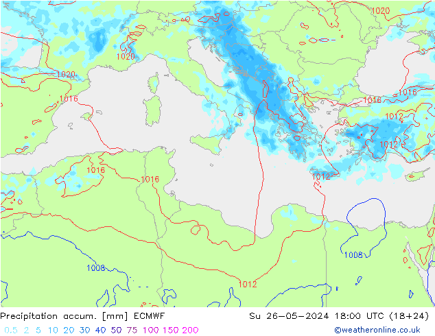 Precipitation accum. ECMWF Вс 26.05.2024 18 UTC