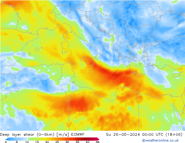 Deep layer shear (0-6km) ECMWF Paz 26.05.2024 00 UTC