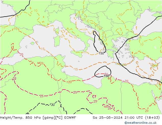 Hoogte/Temp. 850 hPa ECMWF za 25.05.2024 21 UTC