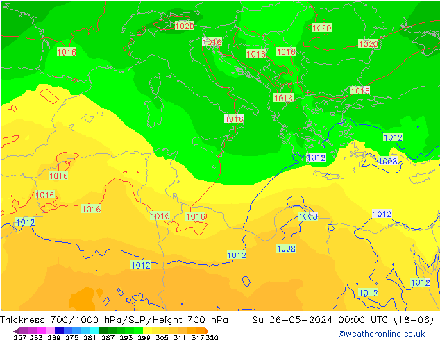 Espesor 700-1000 hPa ECMWF dom 26.05.2024 00 UTC