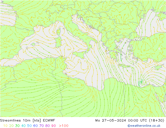 Streamlines 10m ECMWF Po 27.05.2024 00 UTC