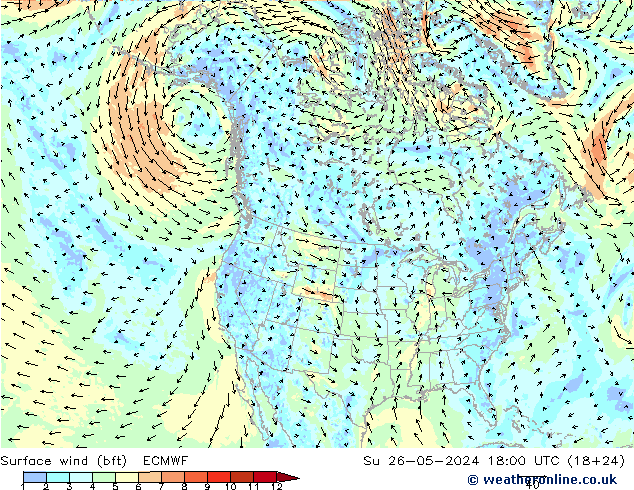 Vent 10 m (bft) ECMWF dim 26.05.2024 18 UTC