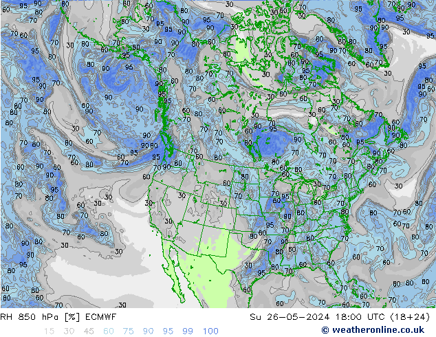 Humidité rel. 850 hPa ECMWF dim 26.05.2024 18 UTC