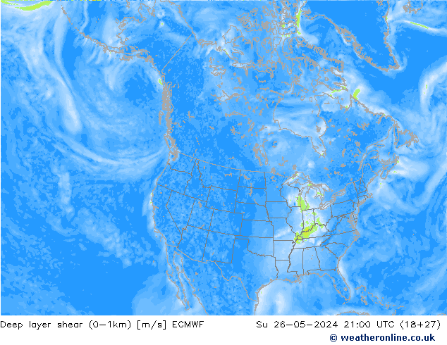 Deep layer shear (0-1km) ECMWF Su 26.05.2024 21 UTC