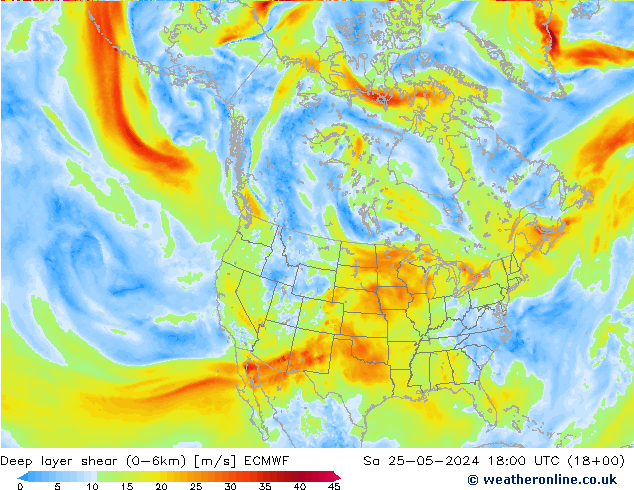 Deep layer shear (0-6km) ECMWF sam 25.05.2024 18 UTC