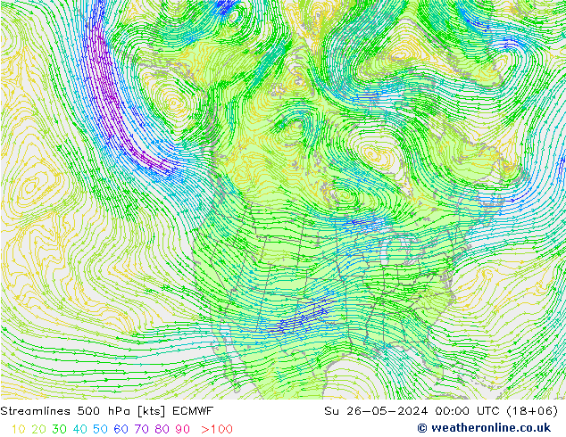 Linea di flusso 500 hPa ECMWF dom 26.05.2024 00 UTC