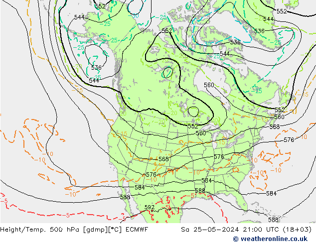 Height/Temp. 500 hPa ECMWF Sa 25.05.2024 21 UTC