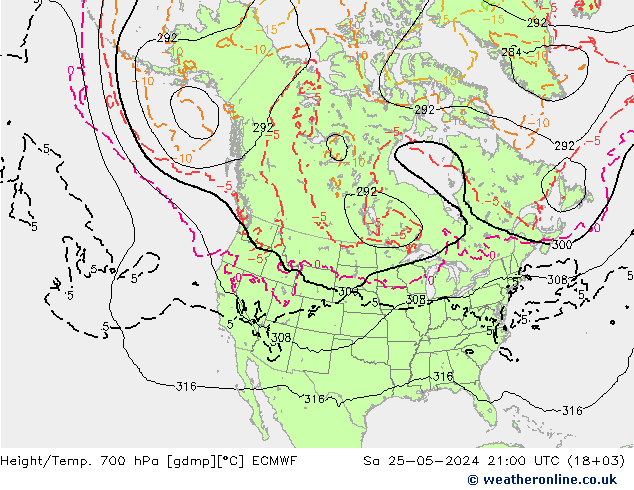 Geop./Temp. 700 hPa ECMWF sáb 25.05.2024 21 UTC