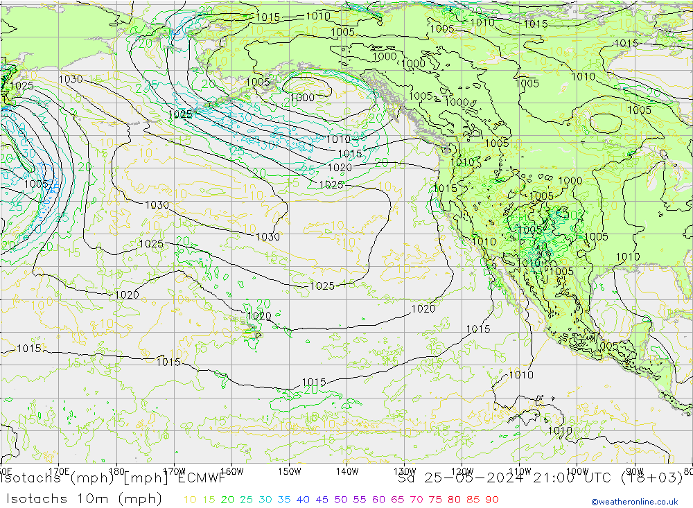 Isotachs (mph) ECMWF sab 25.05.2024 21 UTC