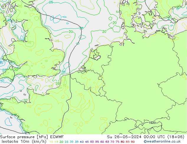 Isotachs (kph) ECMWF Ne 26.05.2024 00 UTC