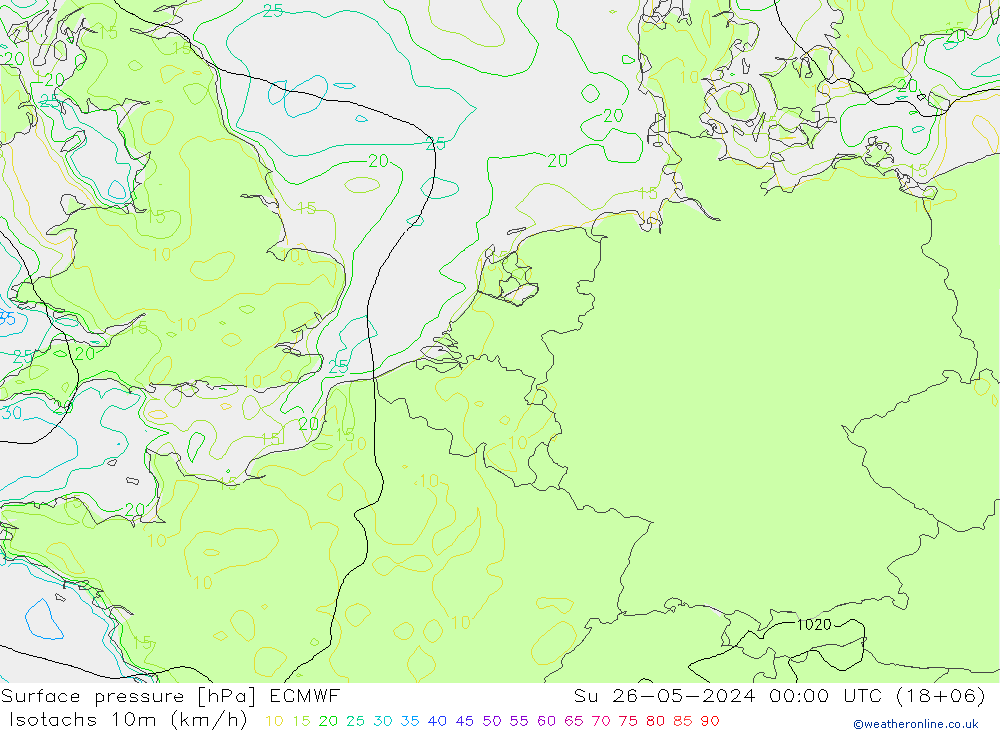 Isotachs (kph) ECMWF Su 26.05.2024 00 UTC