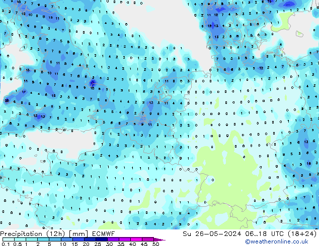 Precipitación (12h) ECMWF dom 26.05.2024 18 UTC