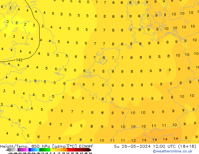 Z500/Rain (+SLP)/Z850 ECMWF dom 26.05.2024 12 UTC