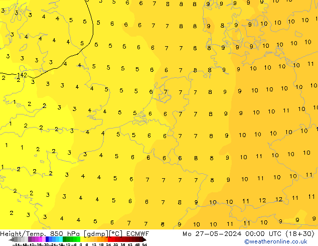 Height/Temp. 850 hPa ECMWF Mo 27.05.2024 00 UTC