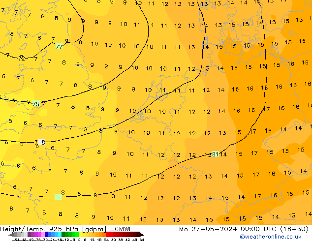 Height/Temp. 925 hPa ECMWF lun 27.05.2024 00 UTC