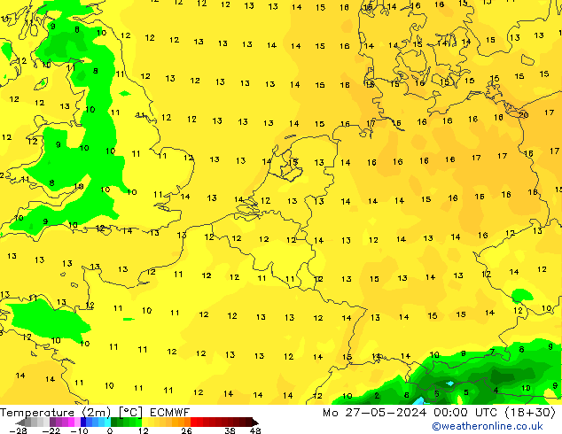 Temperature (2m) ECMWF Mo 27.05.2024 00 UTC