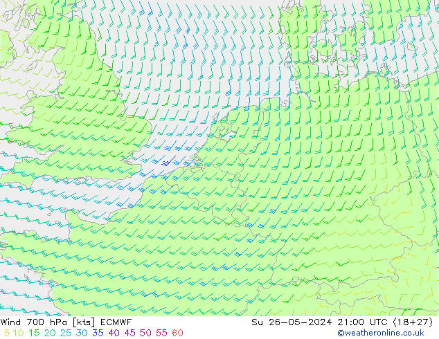 Wind 700 hPa ECMWF Su 26.05.2024 21 UTC