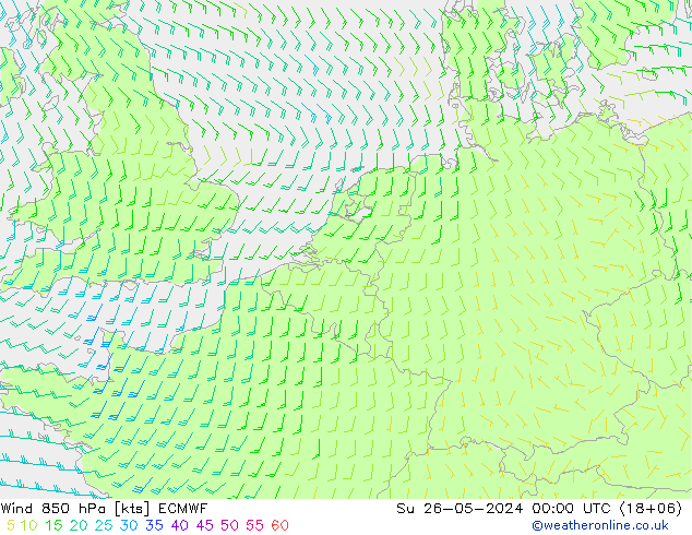 Wind 850 hPa ECMWF Su 26.05.2024 00 UTC