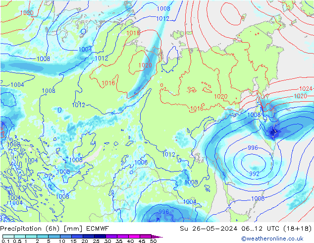 Precipitation (6h) ECMWF Ne 26.05.2024 12 UTC