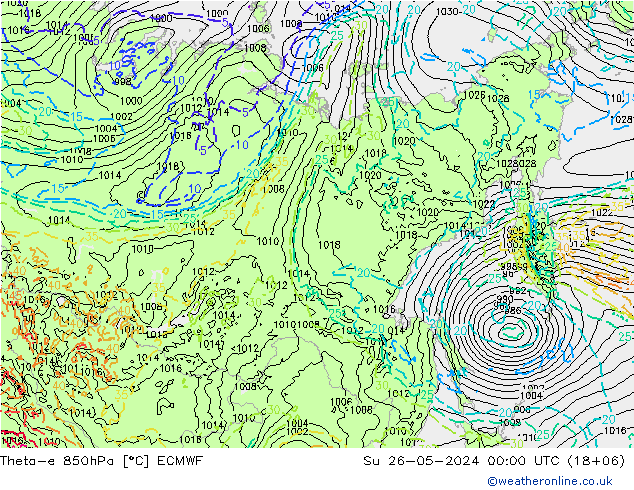 Theta-e 850hPa ECMWF Su 26.05.2024 00 UTC