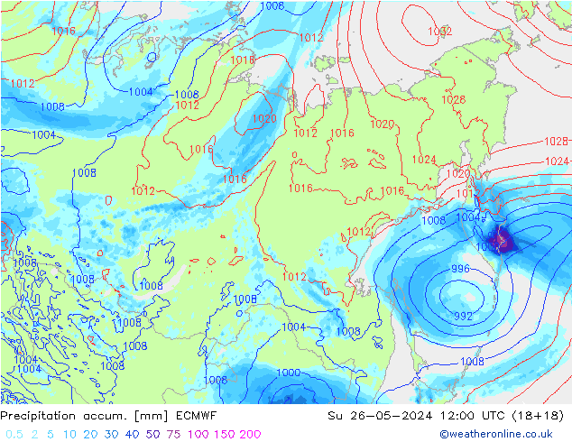 Totale neerslag ECMWF zo 26.05.2024 12 UTC