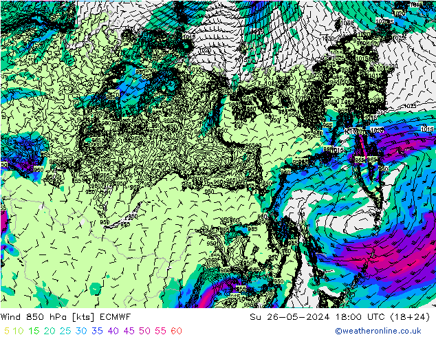 Wind 850 hPa ECMWF Su 26.05.2024 18 UTC