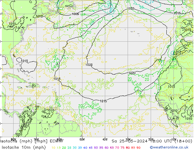 Isotachs (mph) ECMWF sam 25.05.2024 18 UTC