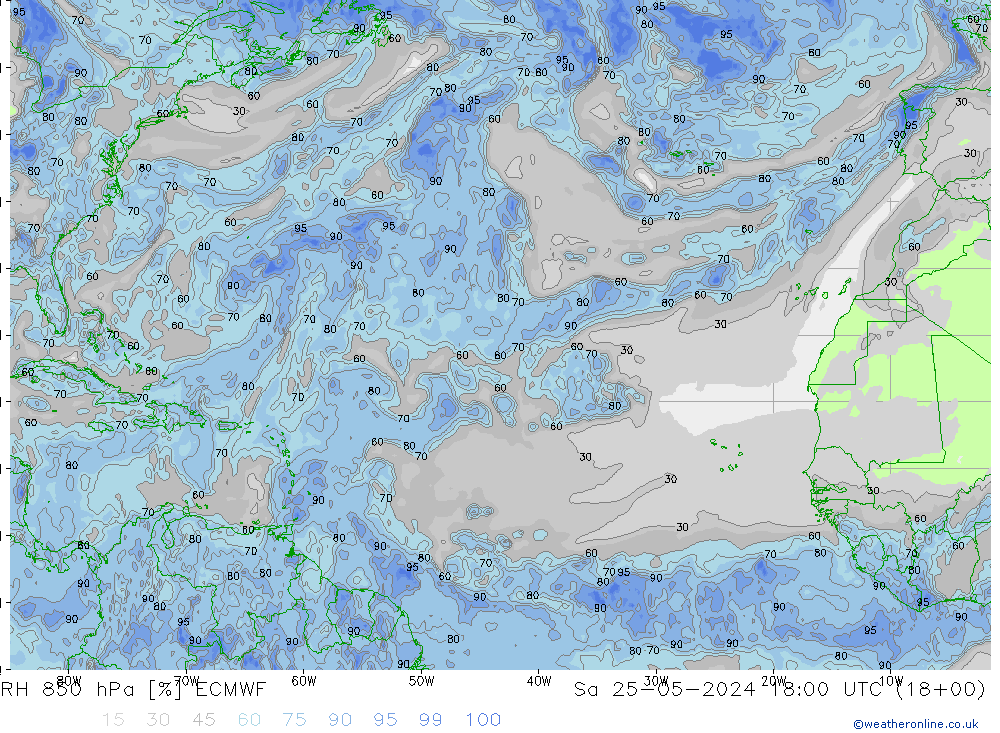 RH 850 hPa ECMWF Sa 25.05.2024 18 UTC