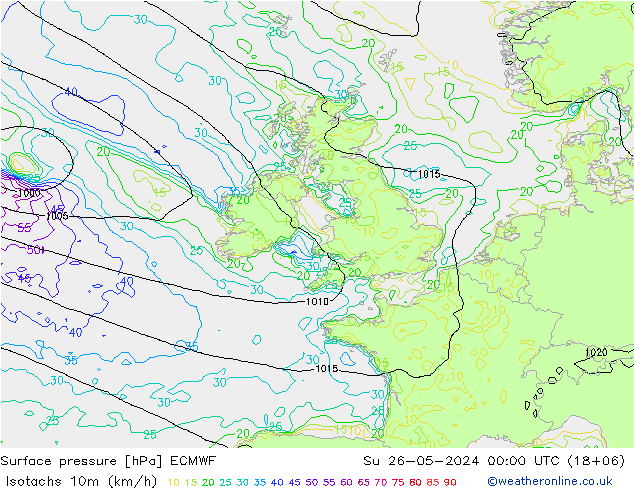 Isotachs (kph) ECMWF dim 26.05.2024 00 UTC