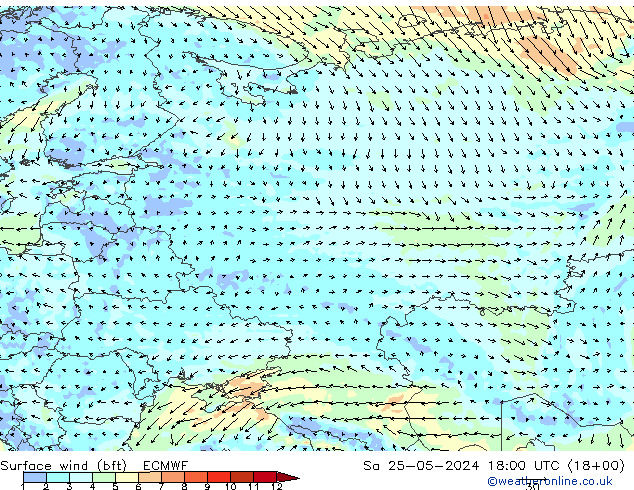 Vento 10 m (bft) ECMWF Sáb 25.05.2024 18 UTC