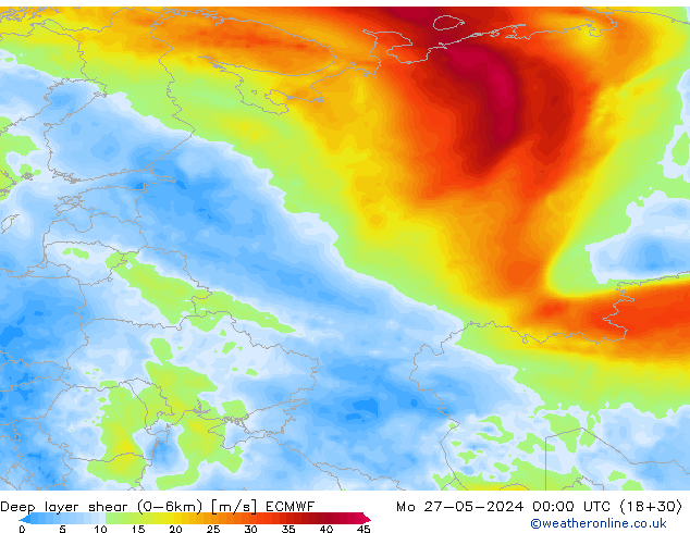 Deep layer shear (0-6km) ECMWF Pzt 27.05.2024 00 UTC