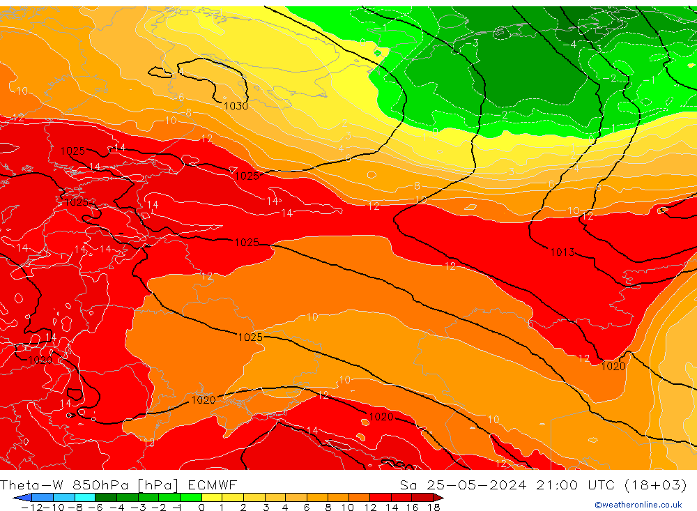 Theta-W 850hPa ECMWF za 25.05.2024 21 UTC