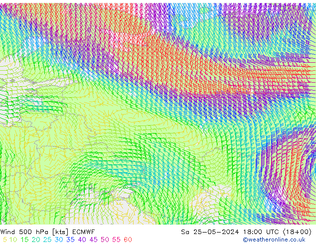 Vento 500 hPa ECMWF Sáb 25.05.2024 18 UTC