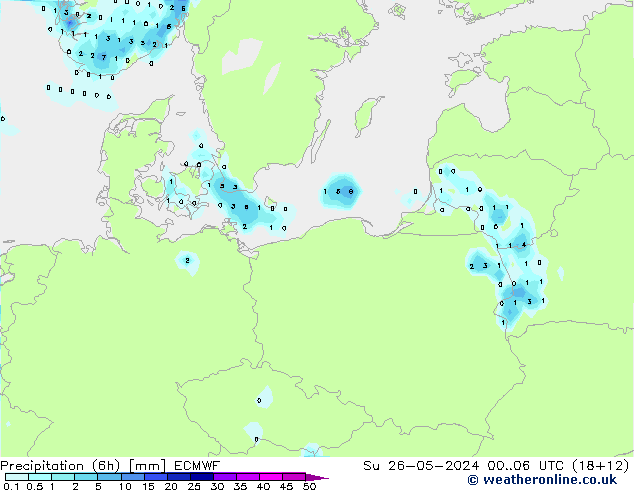 Precipitation (6h) ECMWF Su 26.05.2024 06 UTC