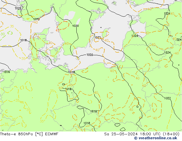 Theta-e 850гПа ECMWF сб 25.05.2024 18 UTC