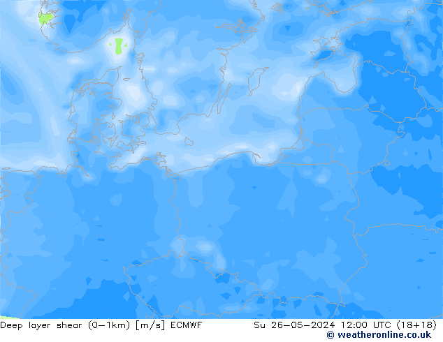 Deep layer shear (0-1km) ECMWF dim 26.05.2024 12 UTC