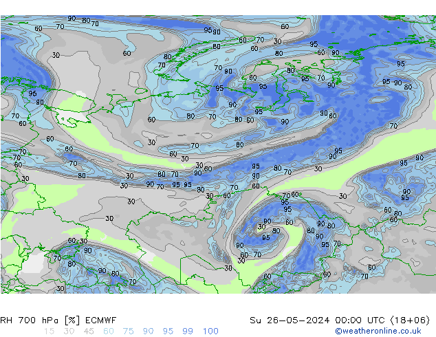 RH 700 гПа ECMWF Вс 26.05.2024 00 UTC