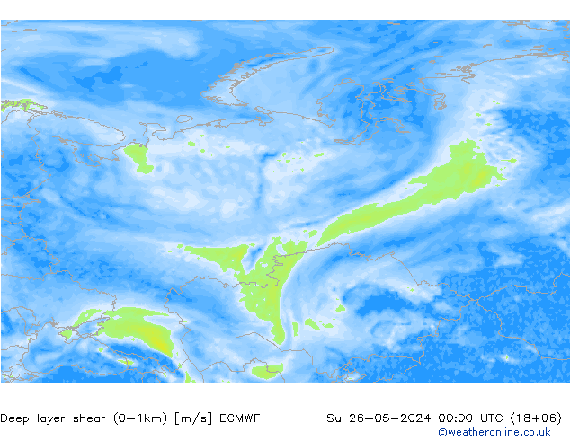 Deep layer shear (0-1km) ECMWF Paz 26.05.2024 00 UTC