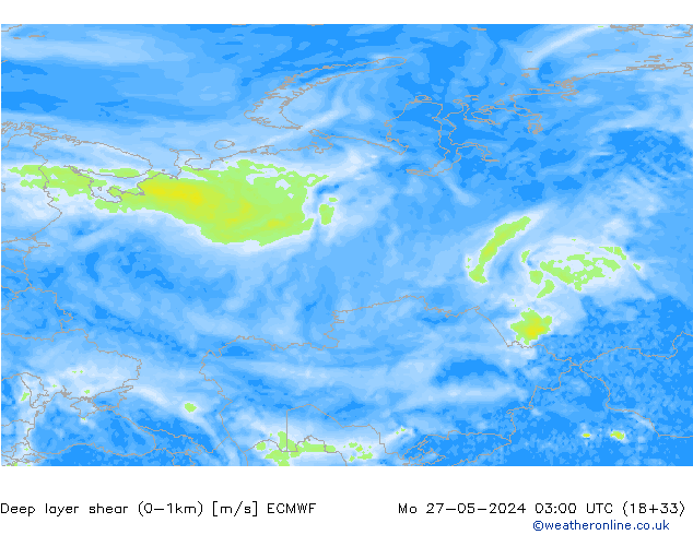 Deep layer shear (0-1km) ECMWF Mo 27.05.2024 03 UTC